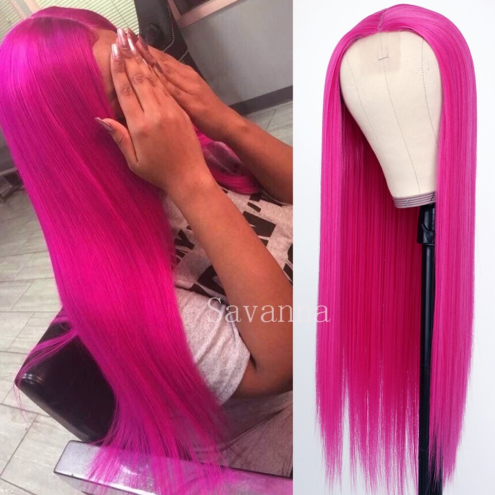 Rose Red Straight Hair Heat Resistant Synthetic Lace Front Wigs Women Party Wig