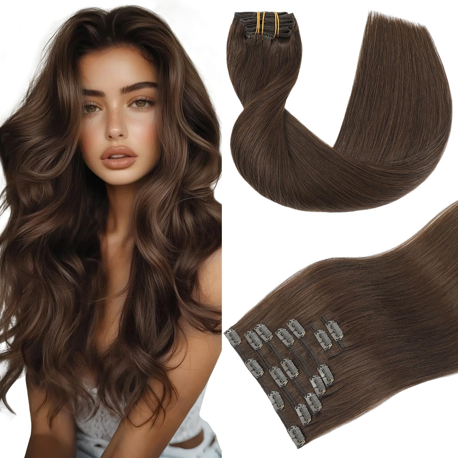 22″ Clip-In Human Hair Extensions, Remy Silk Straight Thick 120g, Medium Brown 7