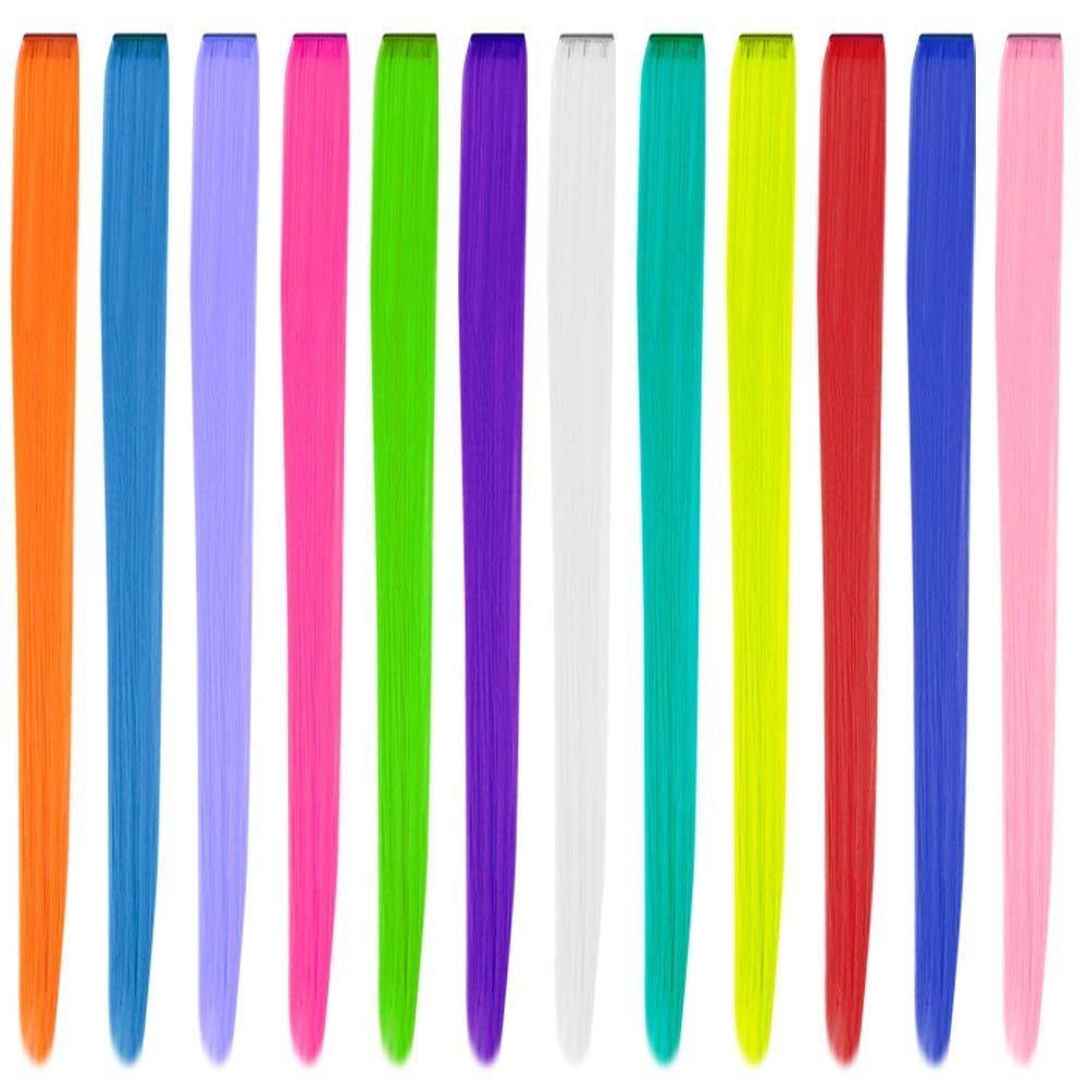 Multi Color Clip In Hair Extensions 12 Pieces for Costume and Parties