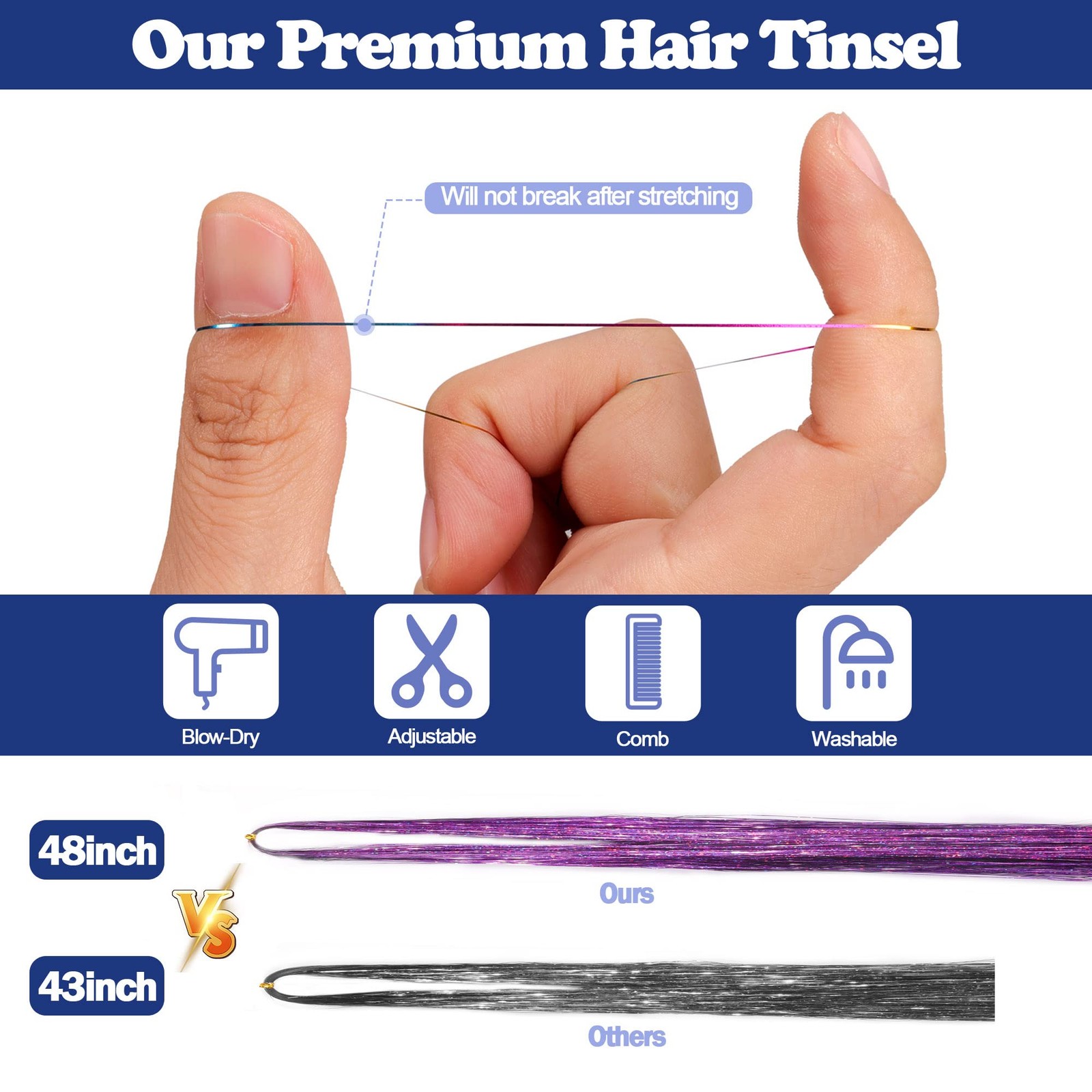 16 Colors Hair Tinsel Kit, 48 Inches 3300 Strands Tinsel Hair Extensions, Fai…