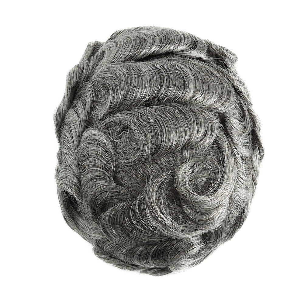 Toupee For Mens Full Lace Human Hair Replecement System Grey Colored Hairpiece