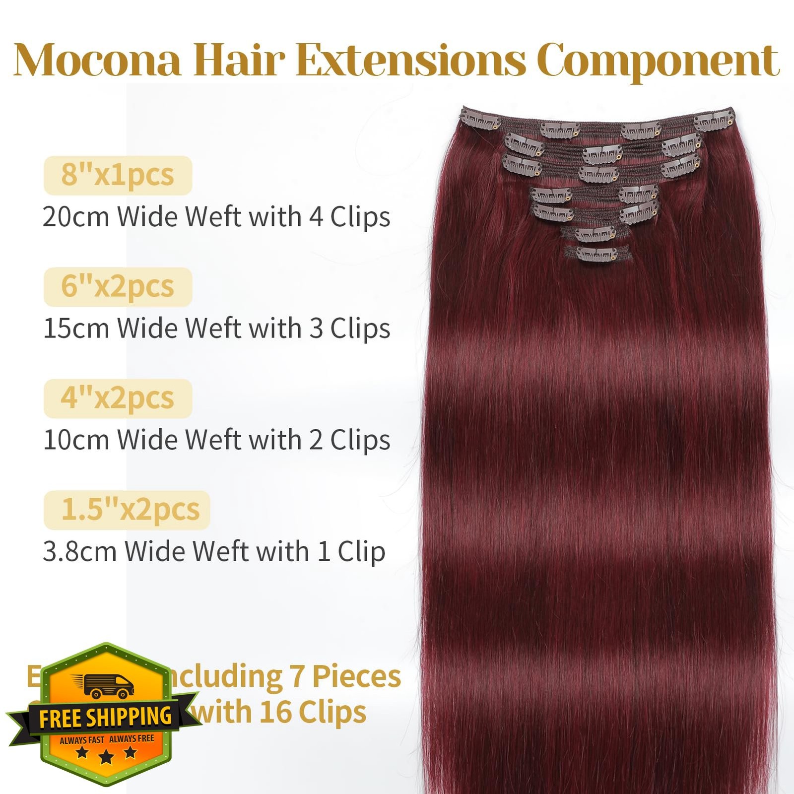 Mocona Clip Ins 16″ Burgundy Red Human Hair 7pcs 140g Straight