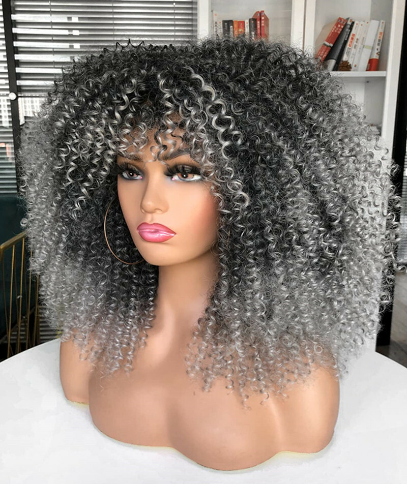 16inch Afro Kinky Curly Wig with Bangs for Black Women No Glue Full and Fluffy
