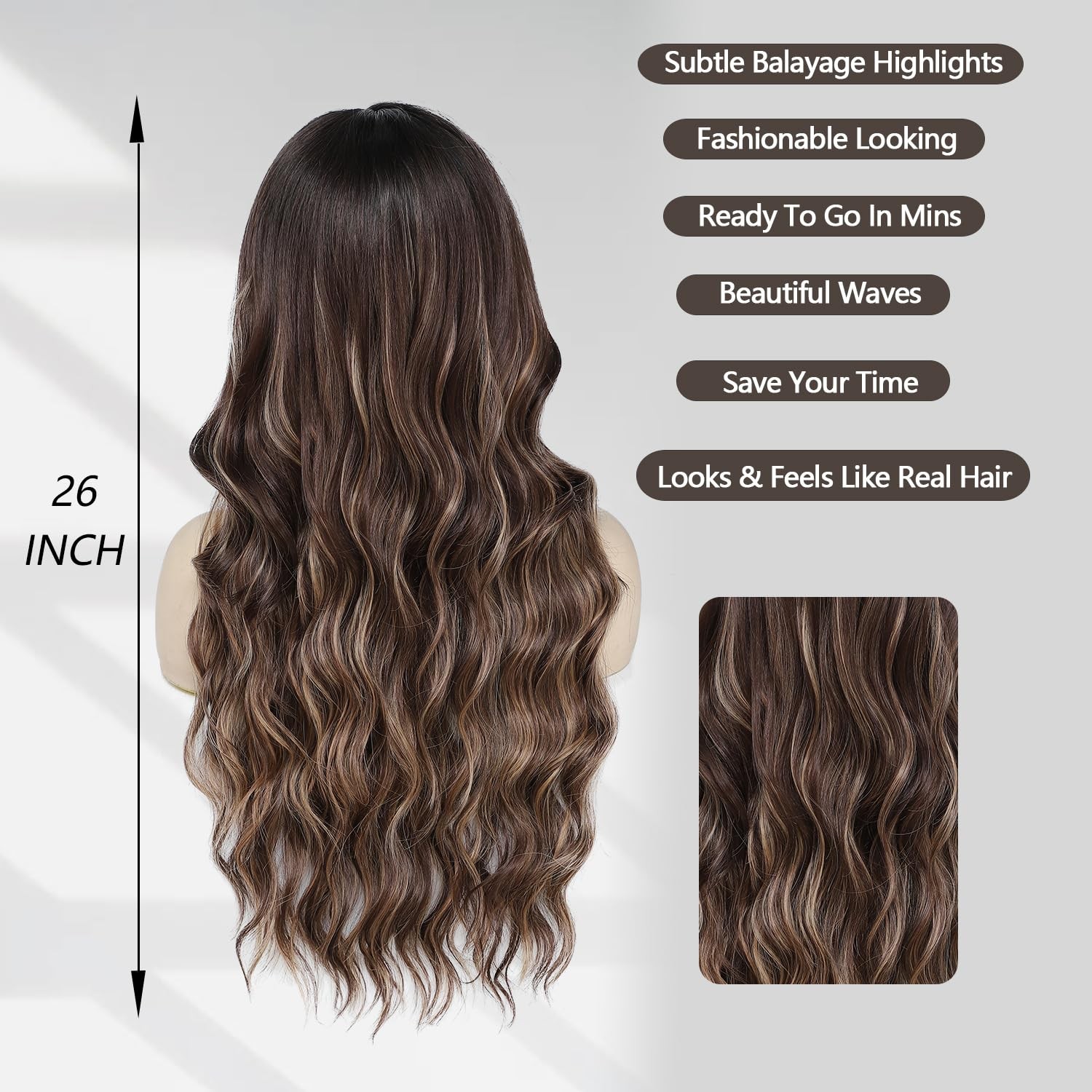 Long Highlight Brown Wig for Women 26″ Dark Brown Wig with Bangs Wavy Hair Mo…