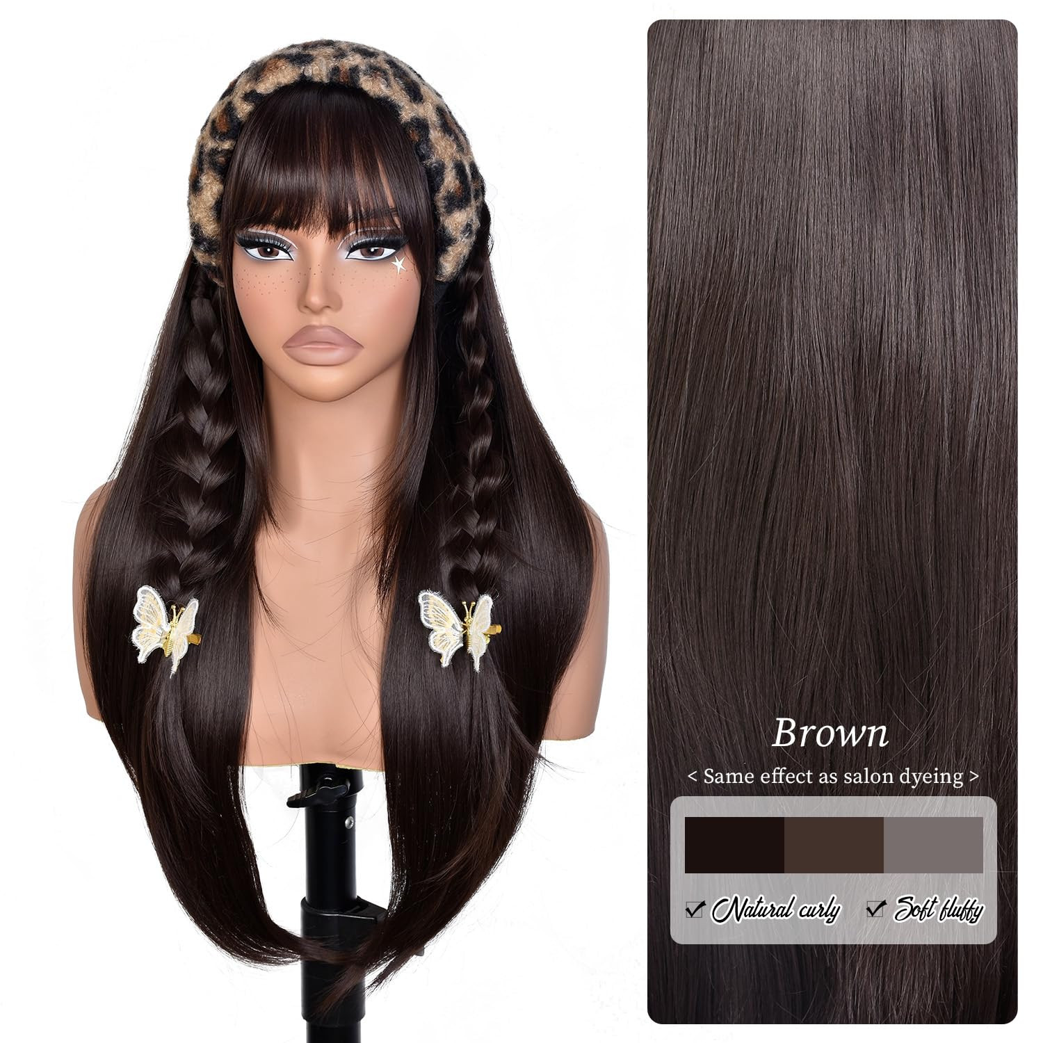 Long Layered Brown Wig with Bangs Straight Synthetic Wigs for Women 26 Inch | Be