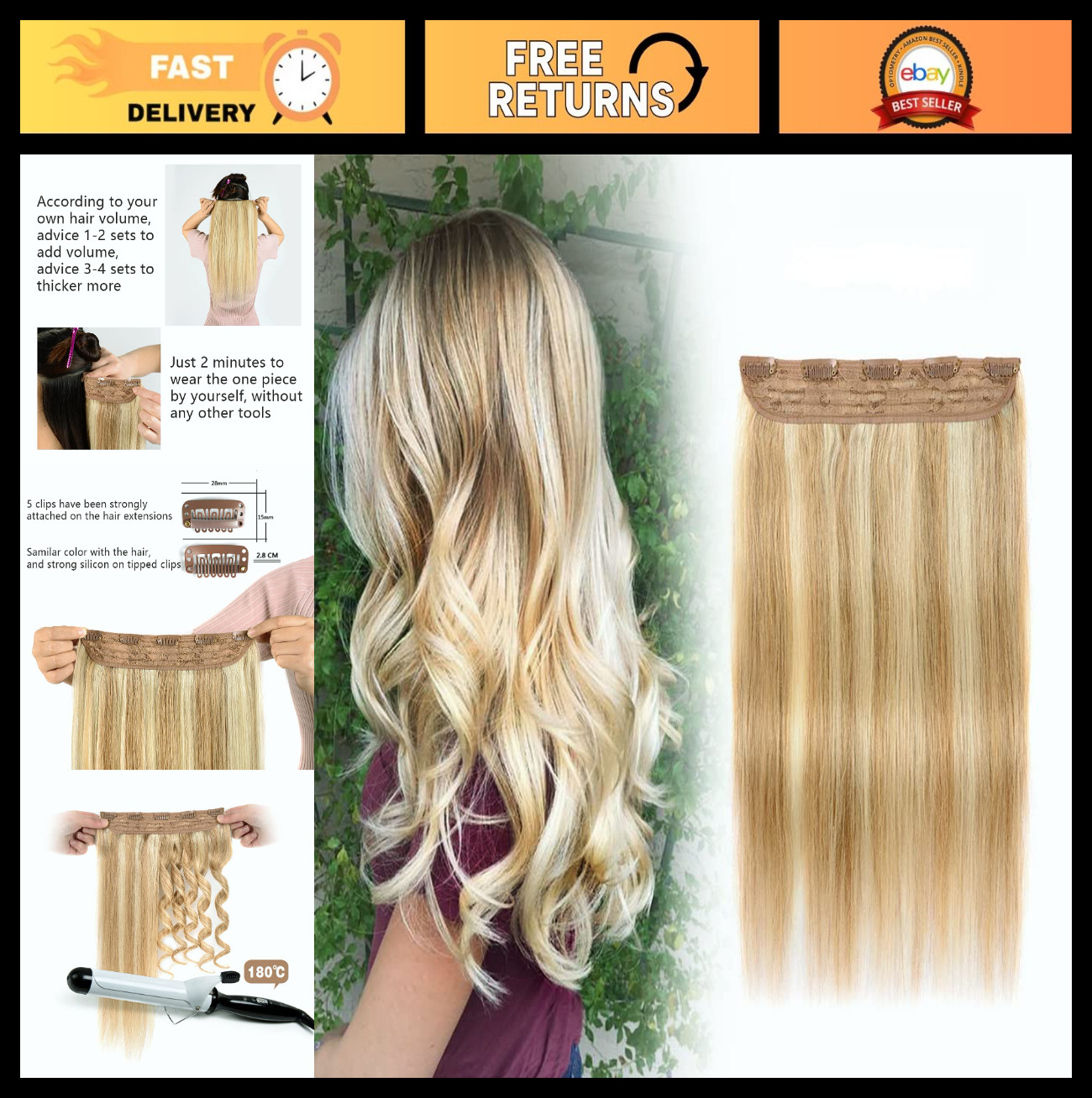 Real Human Hair Clip-In Extensions – 14″ Brown Blonde Highlights, 70g Remy Hair
