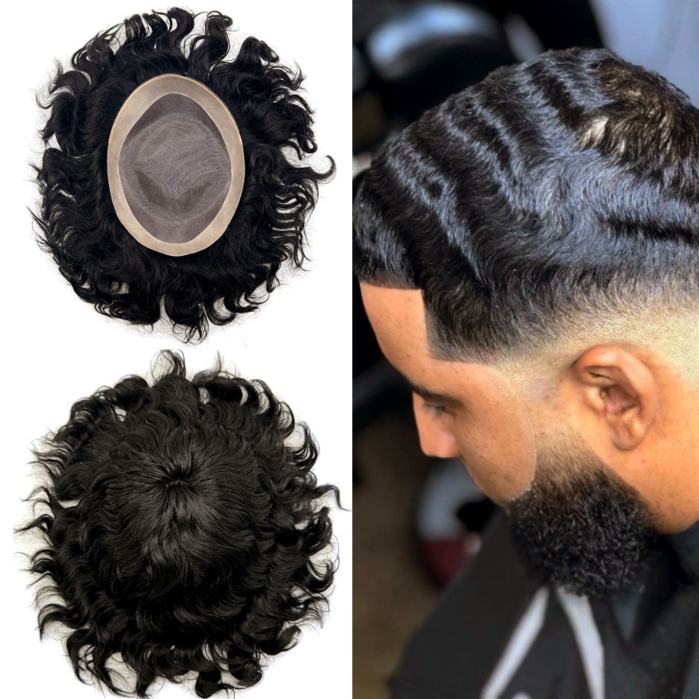 Afro Toupee for Black Men Durable Mono Afro Weave Kinky Curly Mens Wig Hair Unit