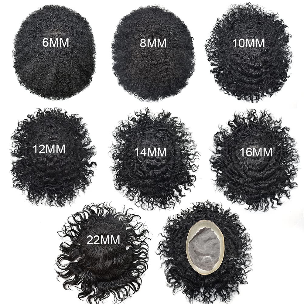 Afro Toupee For Black Men Fine Mono Lace Curly Human Hair Poly Weave System 20MM