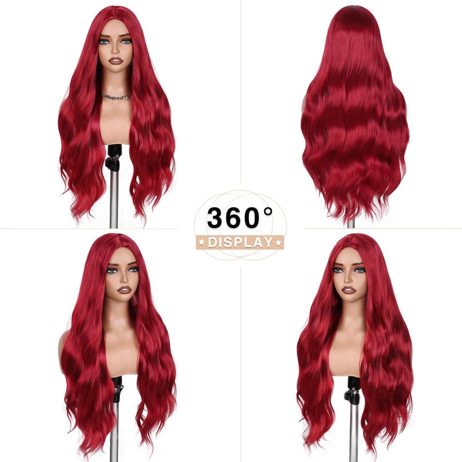 Red Wigs for Women Mermaid Waves Synthetic Wig 28 Inches Middle Part Long Wav…