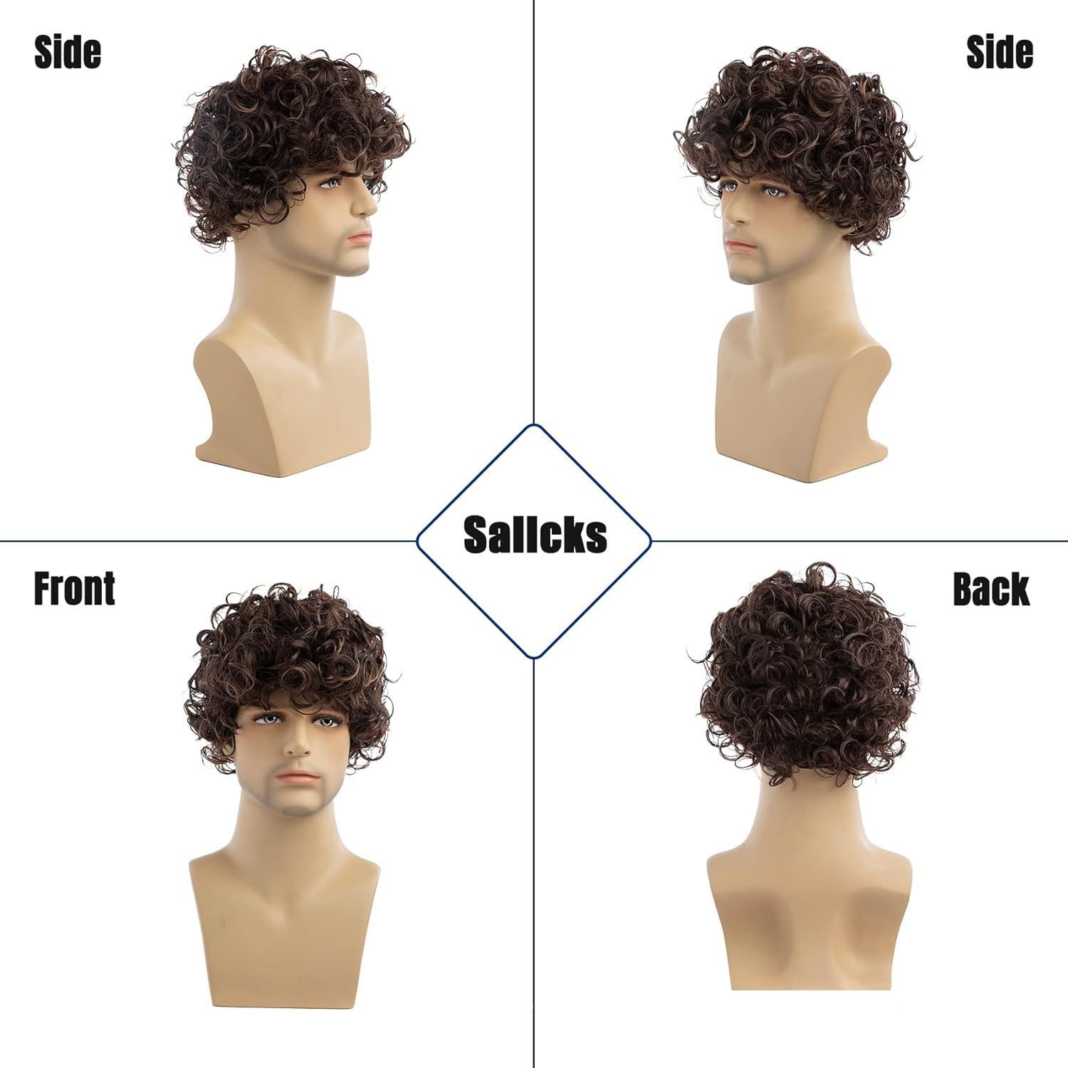 Men Brown Short Curly Wig Fluffy Synthetic Fiber Hair Wigs for Men Daily Wig