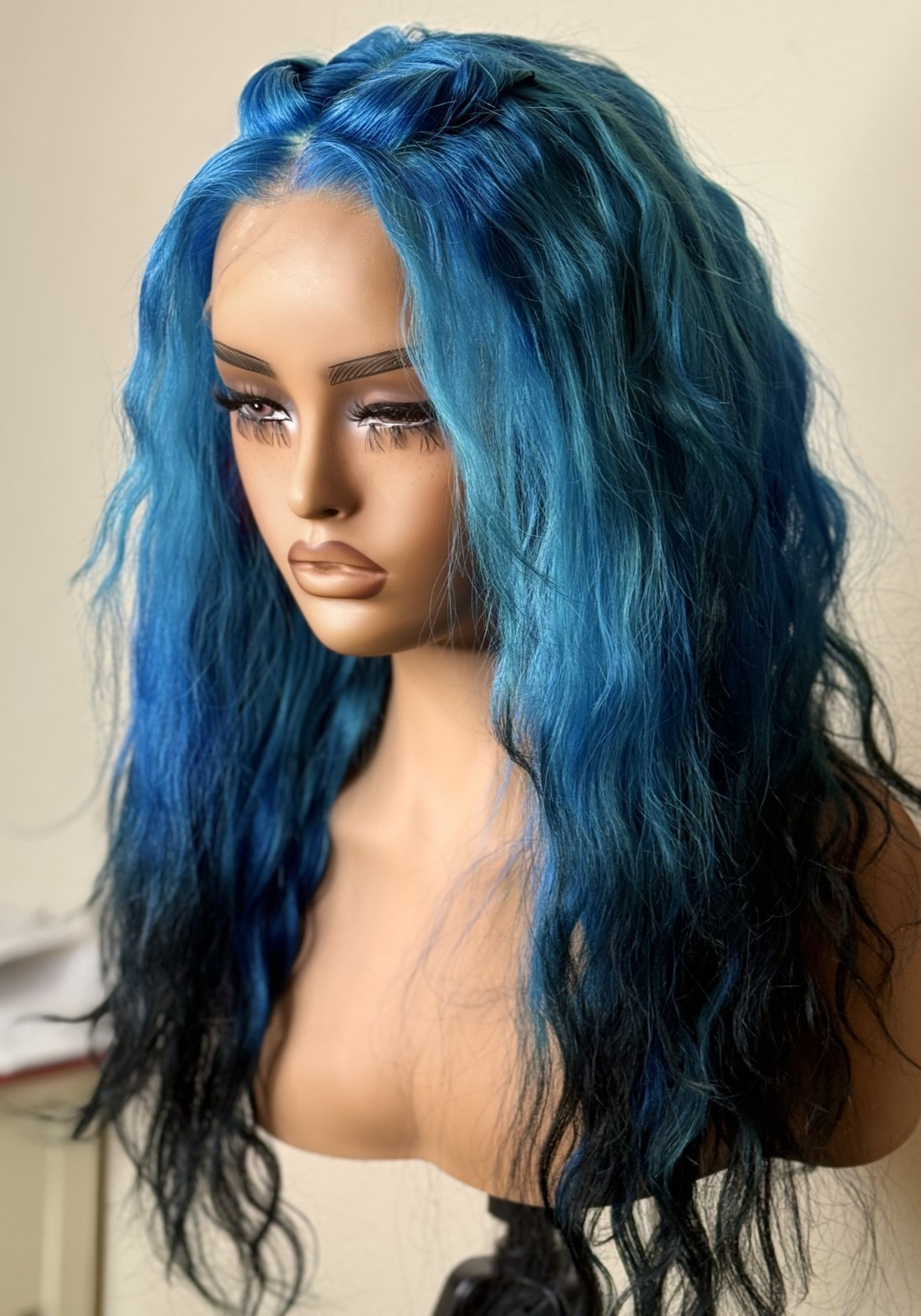 Ava 18″ Blue Black Ombre Body Wave Human Hair Unit Lace Closure Wig Frontal