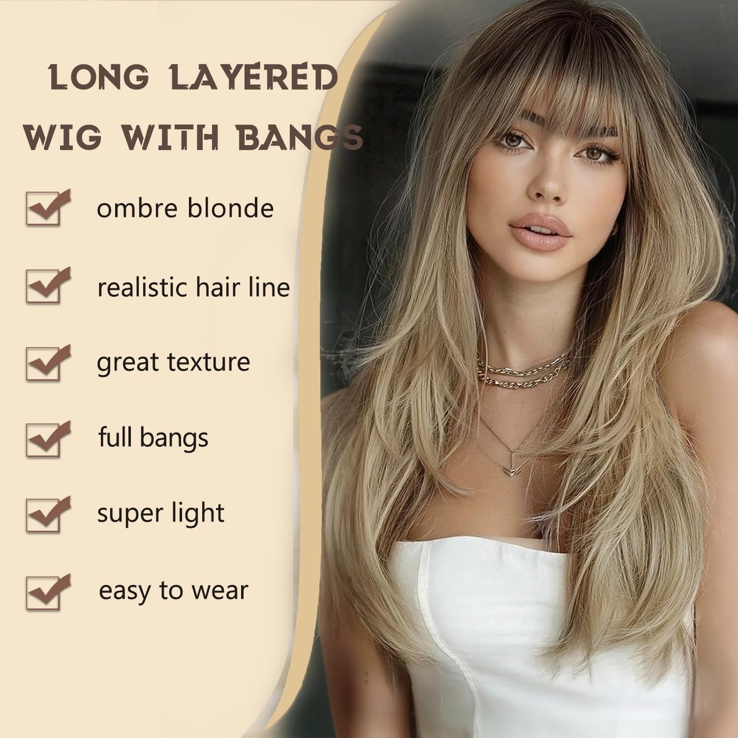 Ombre Blonde Layered Wig with Bangs 26 Inch Long Wavy Blonde Wigs for Women H…