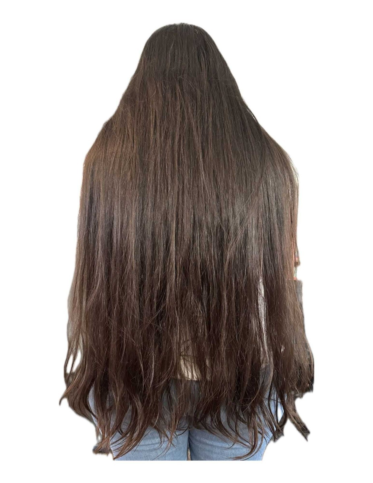 16 inches of Long brown, naturally low-mid porosity, high density, fine hair
