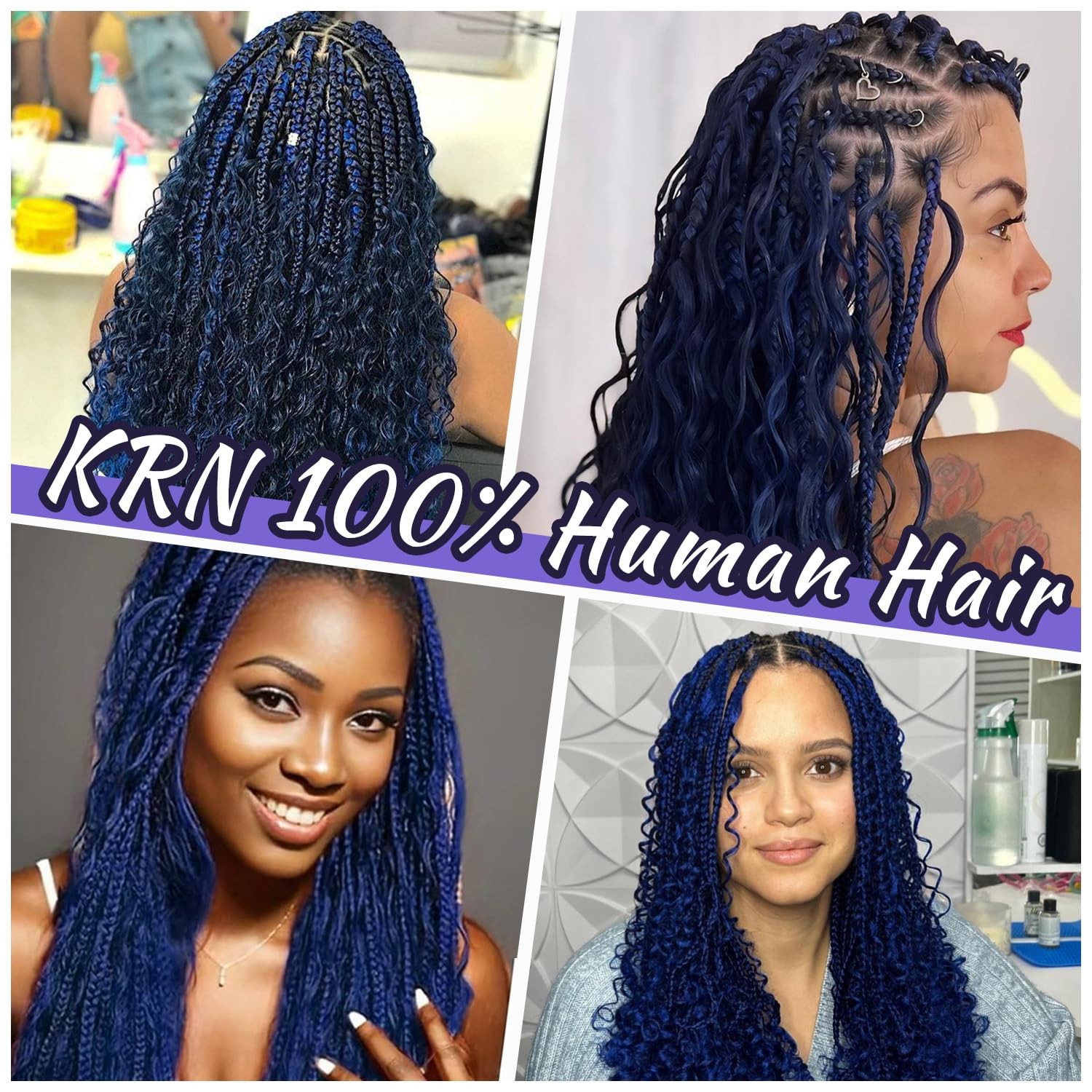 Krn Blue Human Braiding Hair For Boho Braids 110G 12A Deep Wave Curly Blue