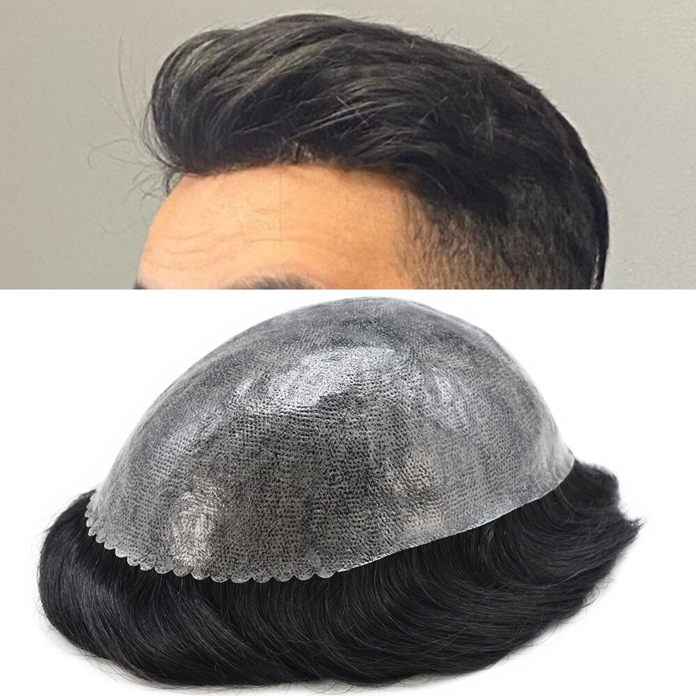 Mens Toupee Full Poly Skin Hairpiece Injected PU Human Hair Replacement Systems