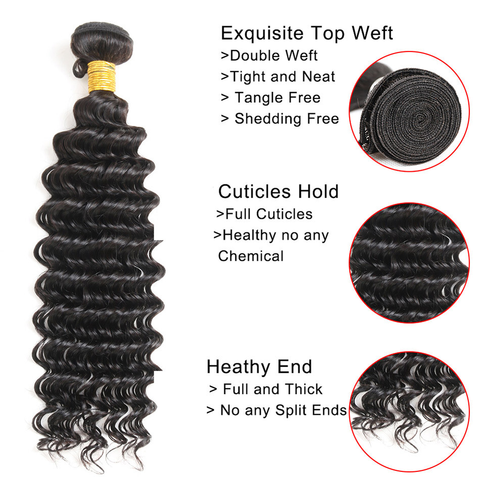 Deep Wave Black Color 1B Brazilian 100 Human Virgin Hair Weave 1 or 3 Bundles