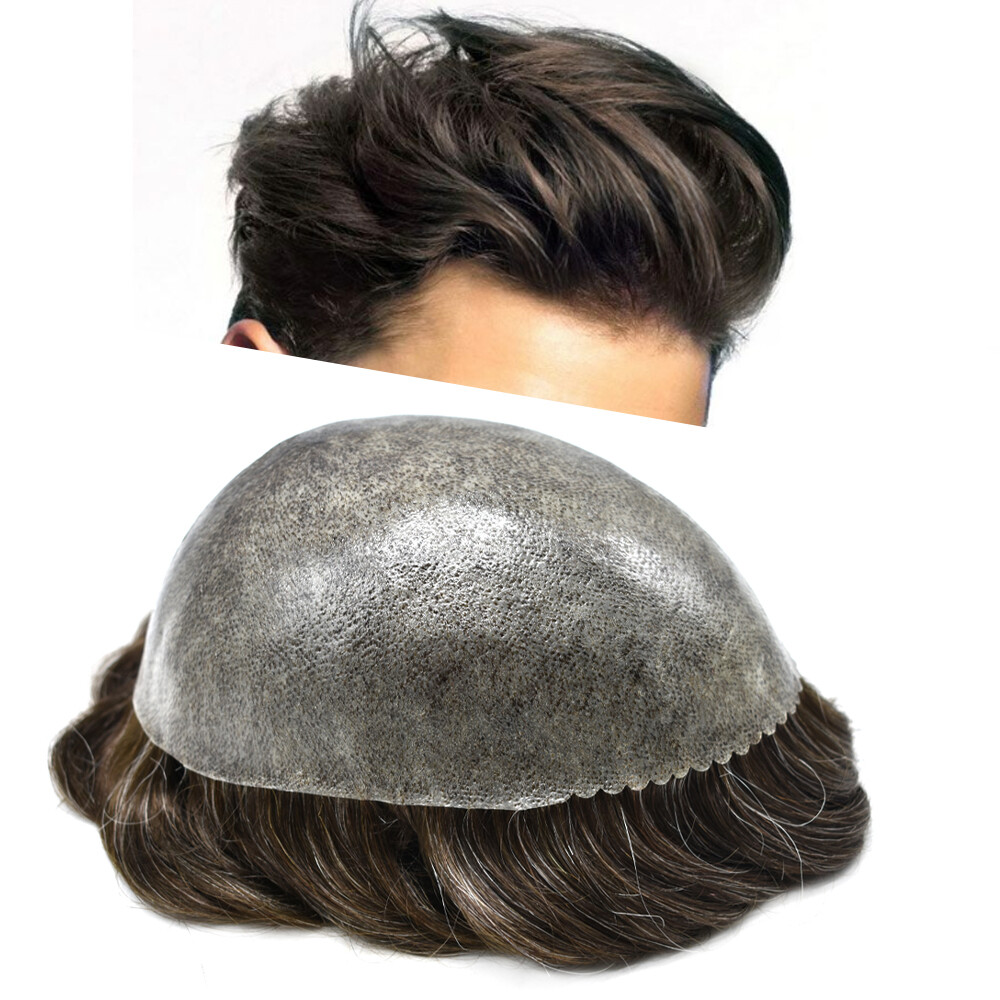 USMens Hair Replacement System Full Poly Thin Skin Toupee Units Human Hair Piece