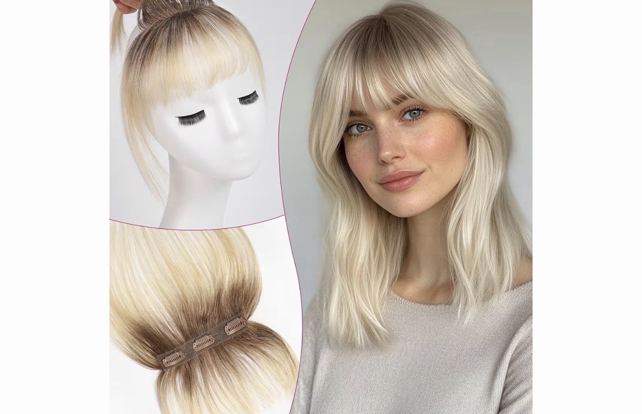 EMMOR Clip in Bangs, 100% Human 3 Clips, 360°Cover Top Ombre Light Blonde