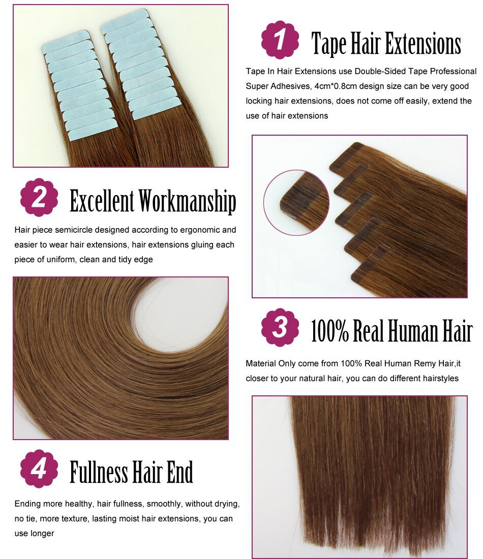 Tape In Real Human Hair Extensions Invisible Glue Skin Wefts Full Head Remy Hair