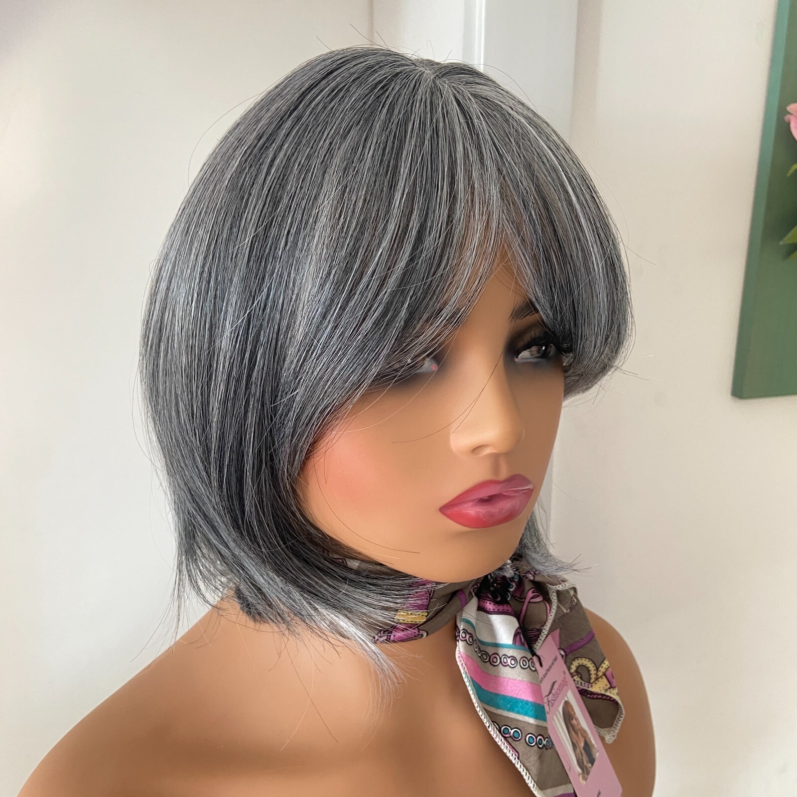 Salt And Pepper Gray Mix Synthetic Hair Wigs With Bangs Women Soft Natural Daily