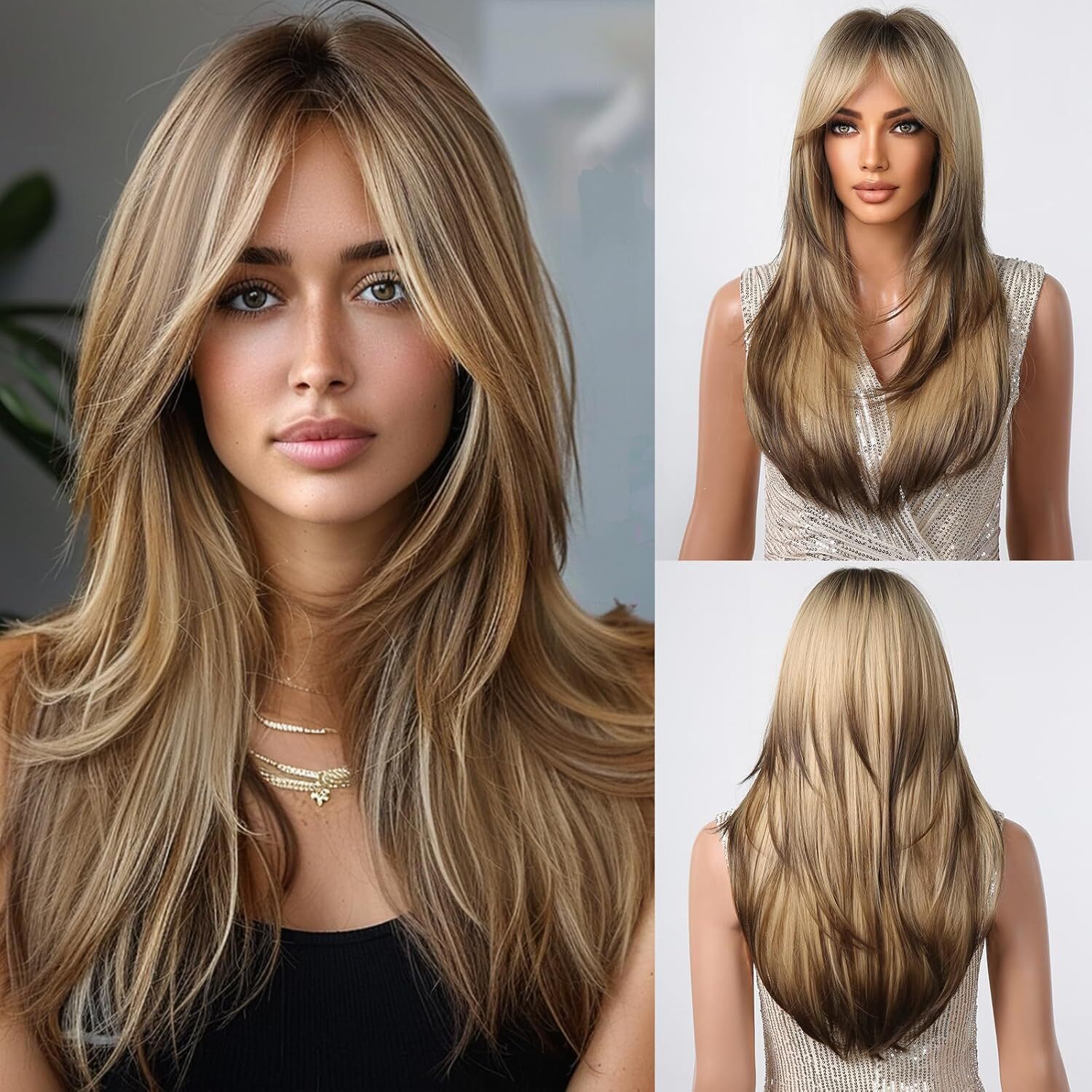 Long Straight Wigs for Women Ombre Brown Blonde Hair Wig with Bangs Highlights