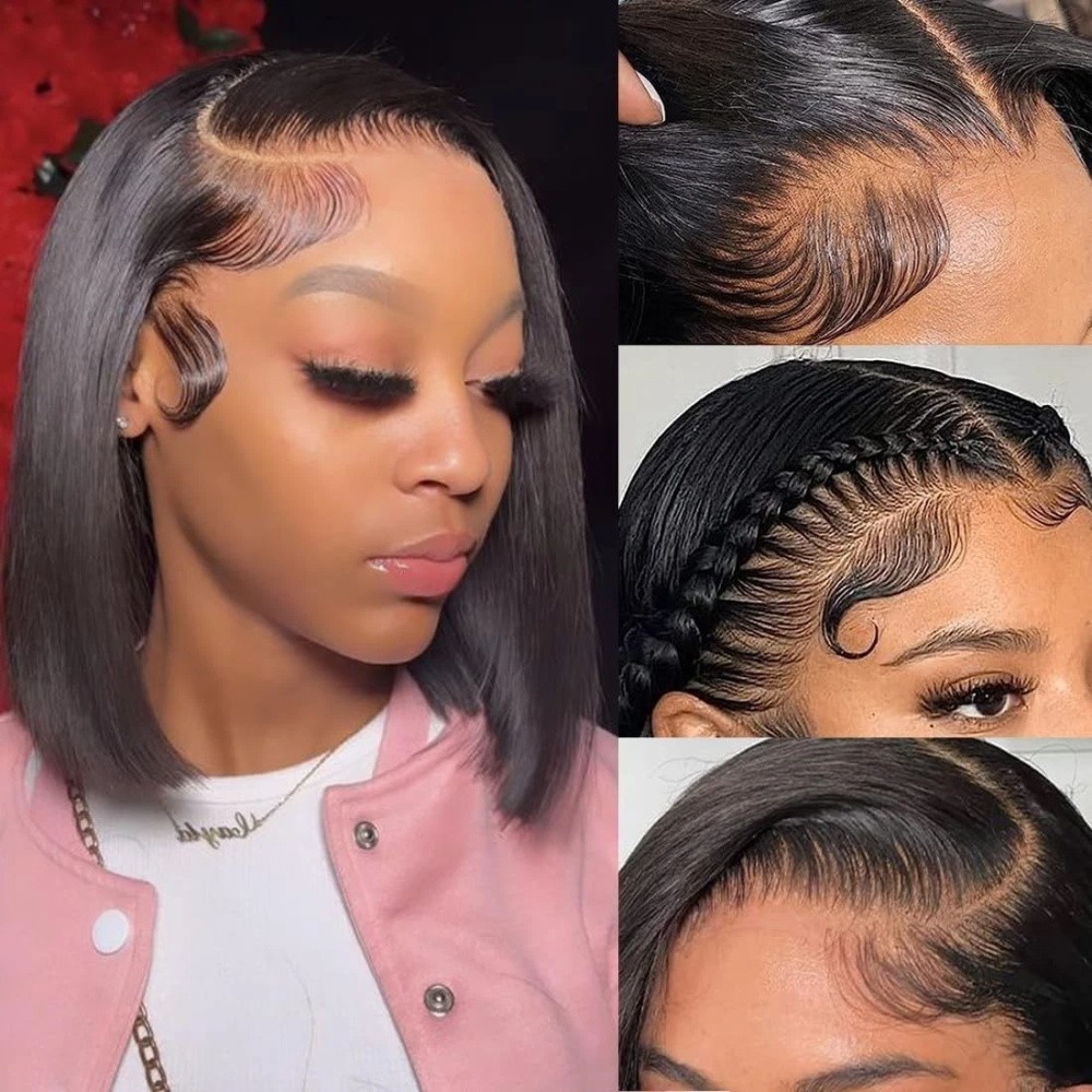 14″ Glueless Brazilian Bob Wigs Human Hair Natural Black Wave Lace Front Wigs