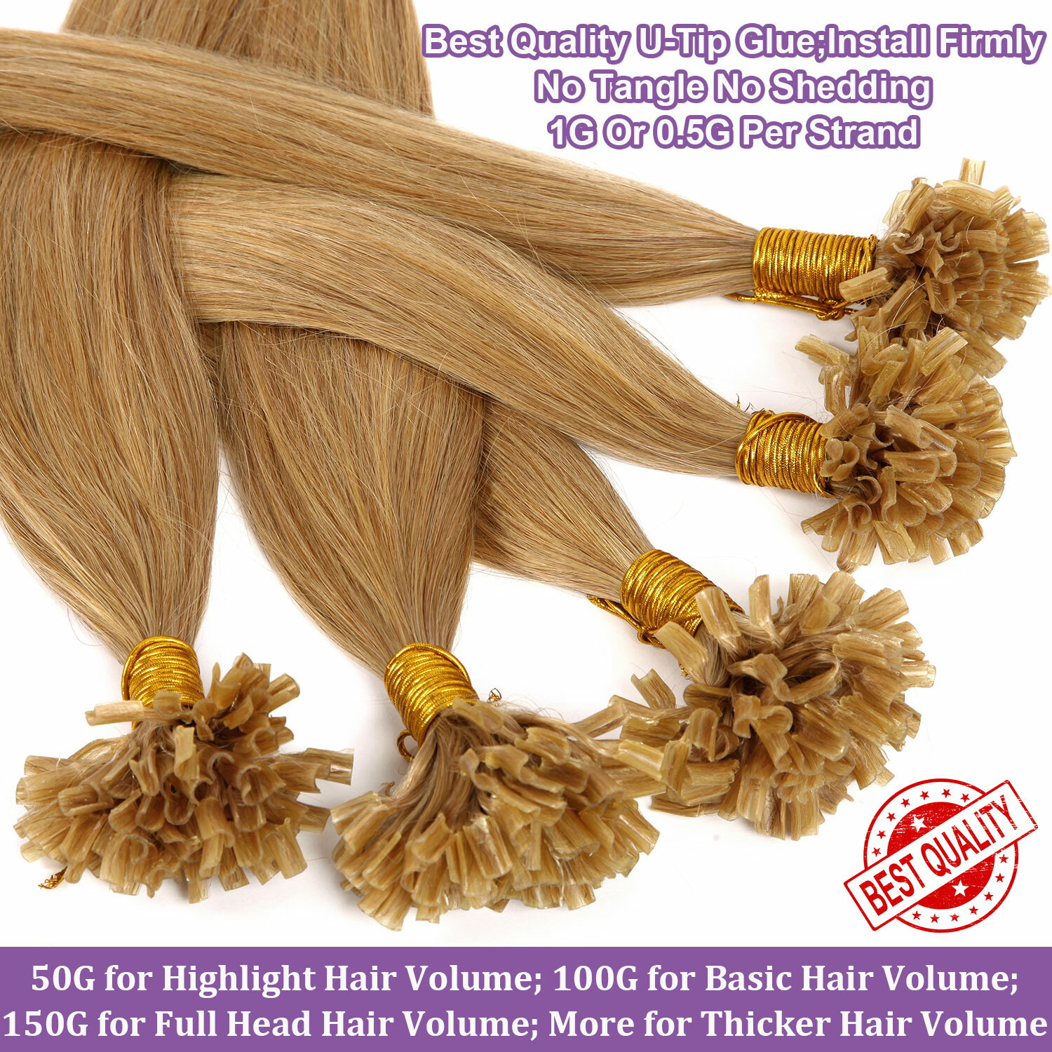 50-200PCS THICK Pre Bond Keratin Nail U Tip Human Remy Hair Extension Highlight