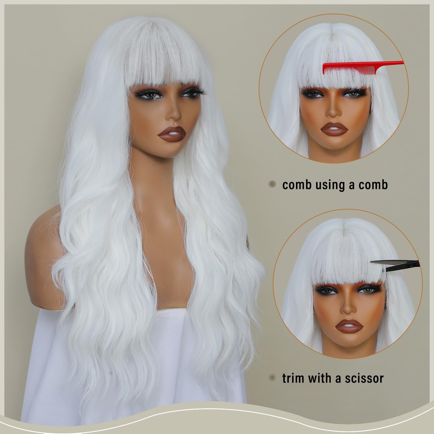 White Wig with Bangs for Women, Long Wavy White Wig 26 Inch Wigs Heat Resista…