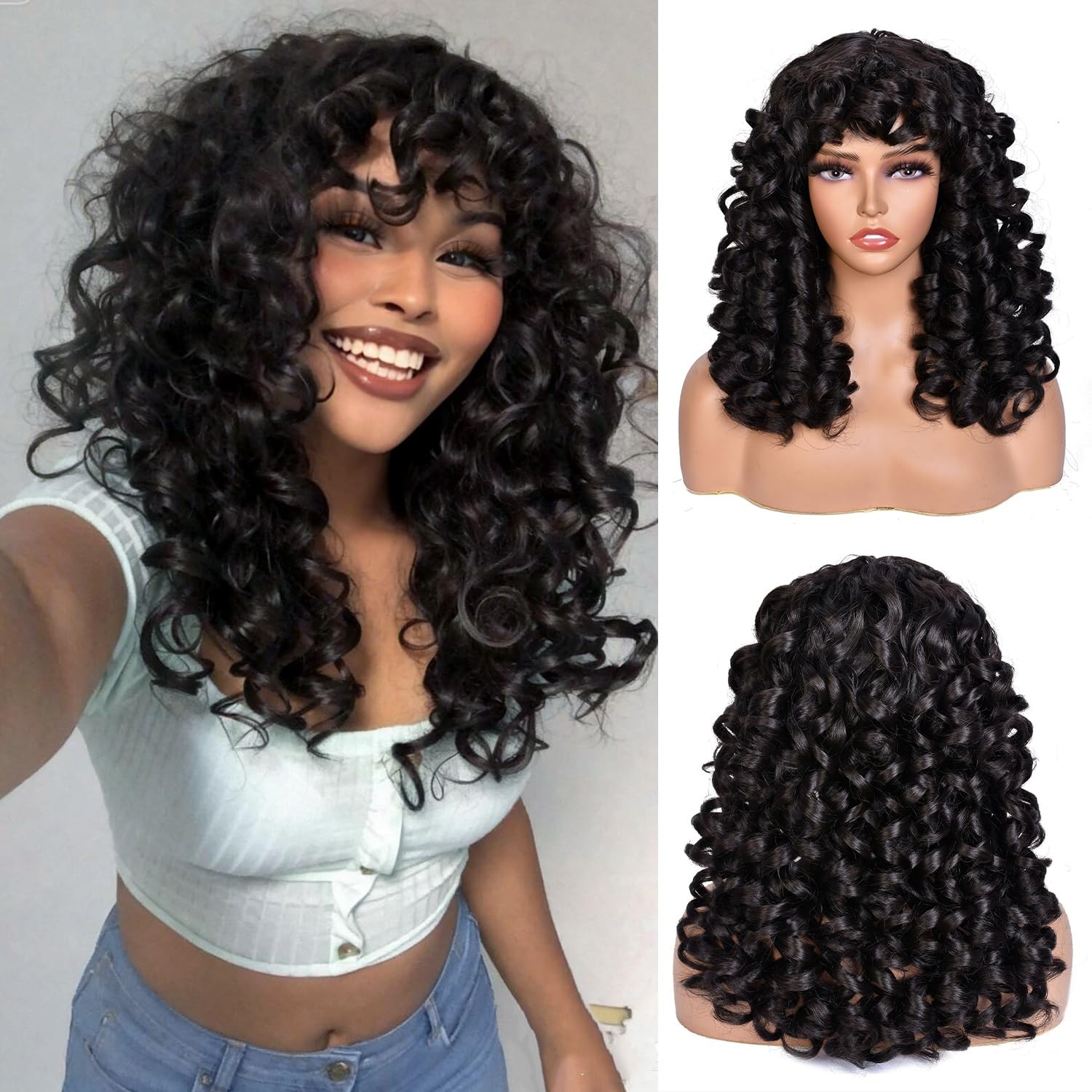 Chocolate Brown Curly Wigs for Black Women Long Curly Afro Wig with Bangs for…