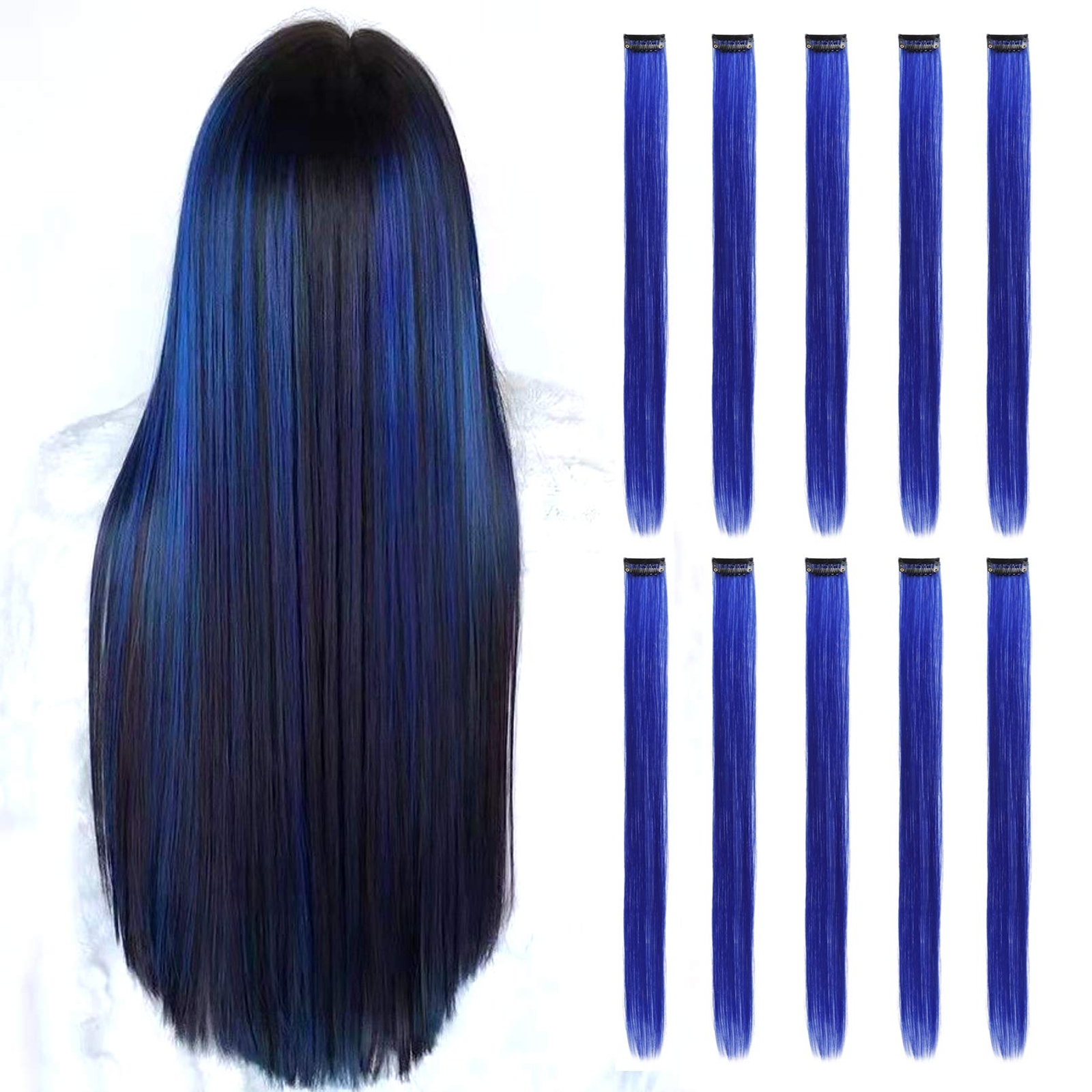 10pc 22″ Blue Clip-In Hair Extensions – Fun Highlights for All Ages