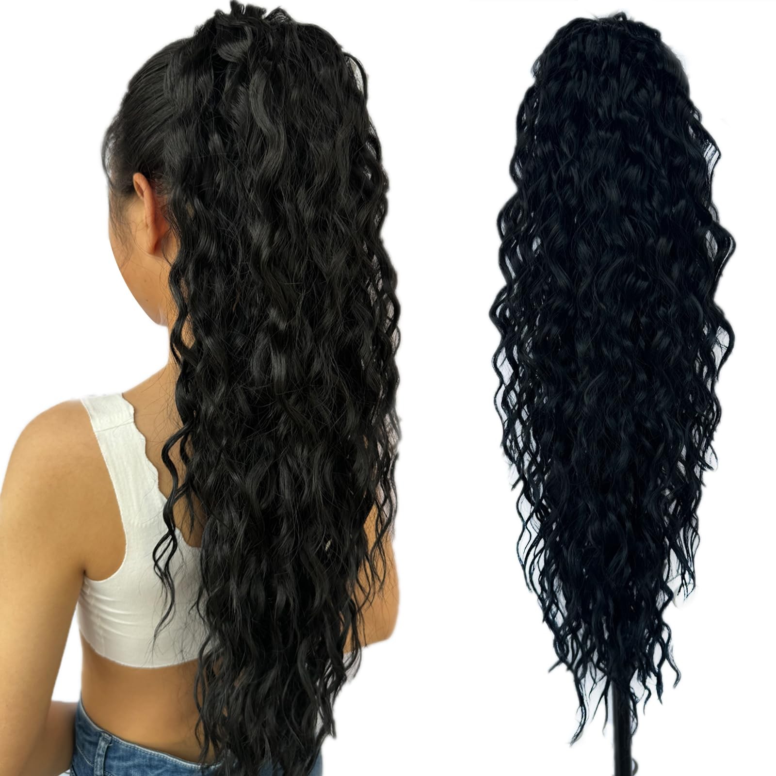 Curly Wavy Ponytail Extension 26 Inch Drawstring Black 1B – Lightweight Natural