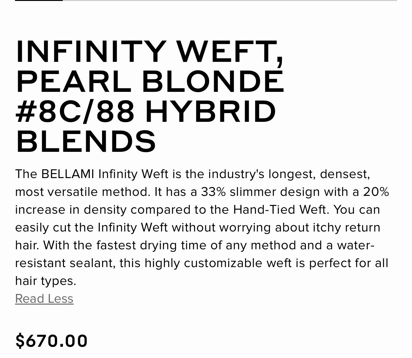 Bellami Infinity Weft 22” PEARL BLONDE #8C/88 Hybrid Blend New Sealed Weft
