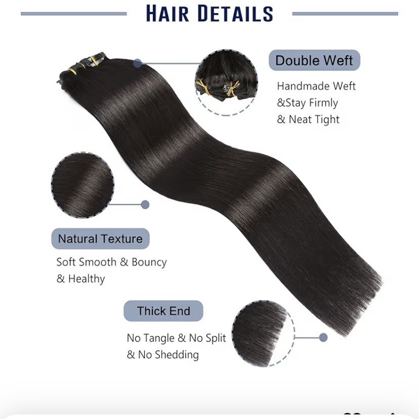 Sunya 18″ Double Weft Clip In Human Hair Extensions 1B Natural Black 8Pcs 120g