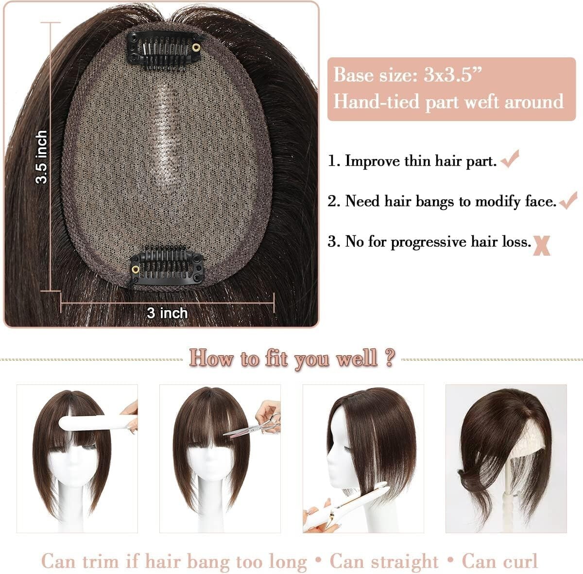 360° 10in Human Hair Topper w/ Bangs 3″x3.5″ Silk Base #1B Natural Black Wiglet