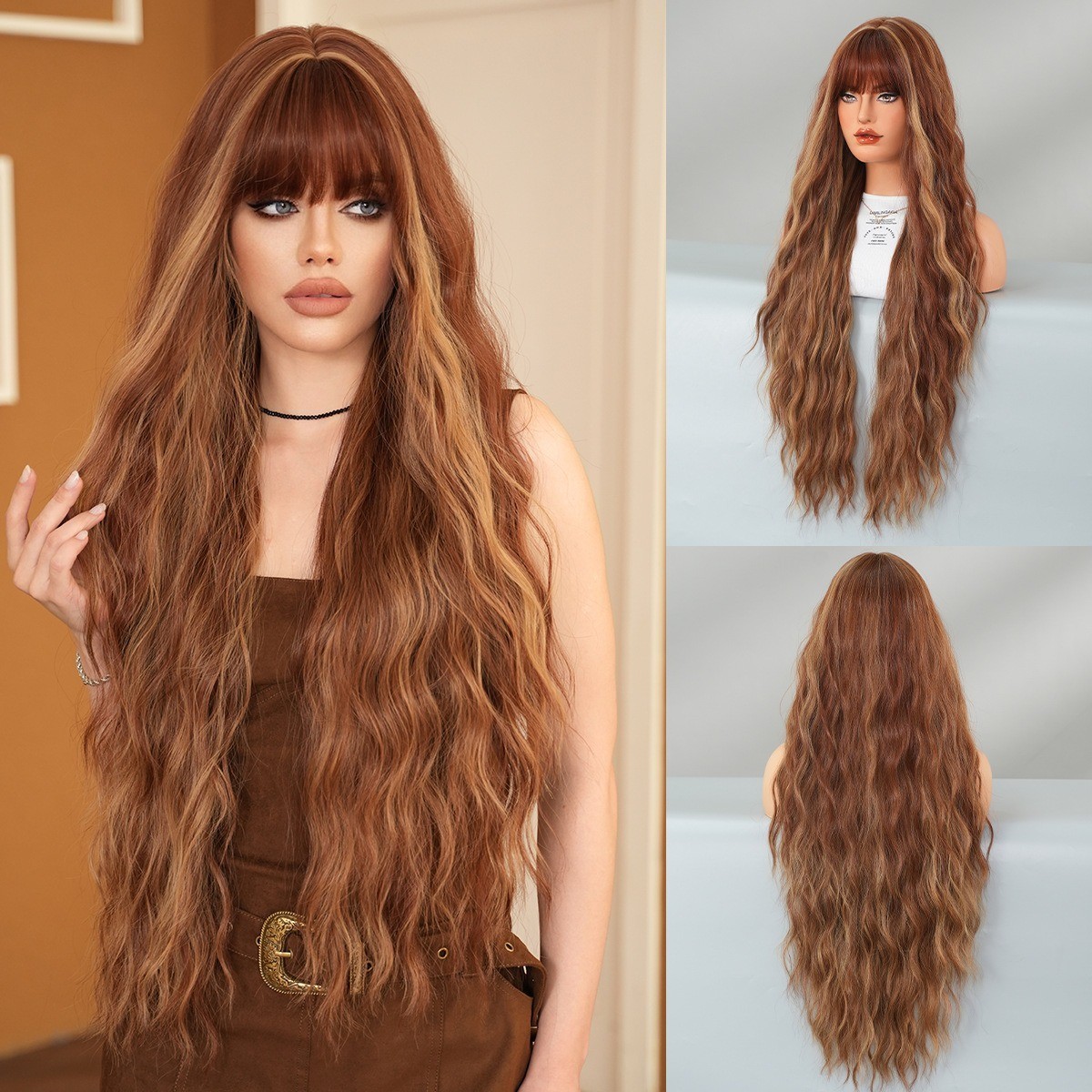 36-inch ultra-long wavy hair with fringe brown highlighted and gray heat-resist