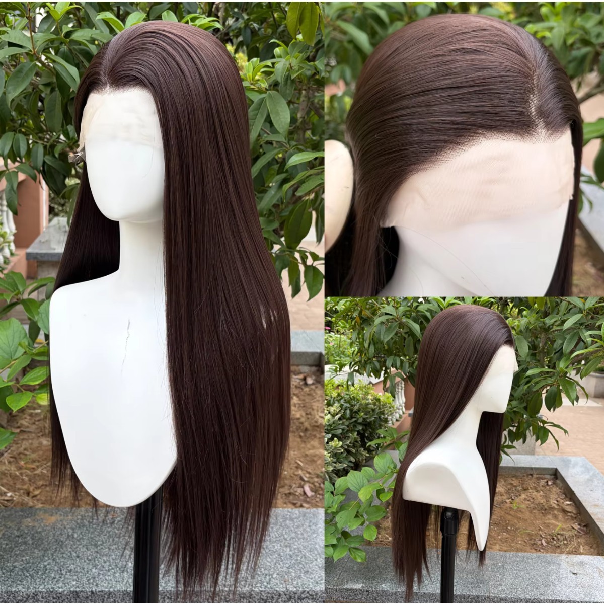 Long Straight Women Choc Brown Frontal Lace Wigs Natural Heat Resistant Hair