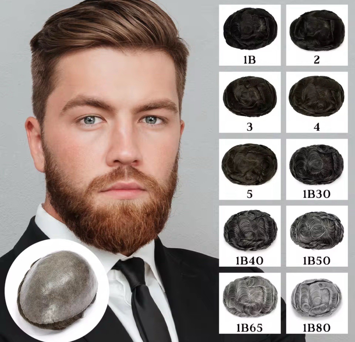 Men’s Human Hair Toupee Hairpiece Lace Base Adhesive Tape-In Wavy 5x7in