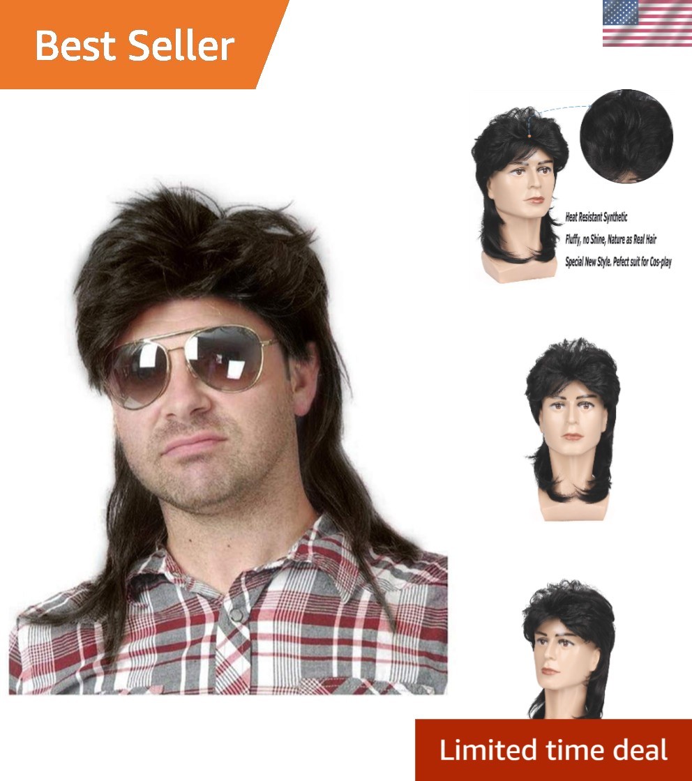 Men’s Black Mullet Cosplay Wig with Adjustable Cap – Party Ready Accessory