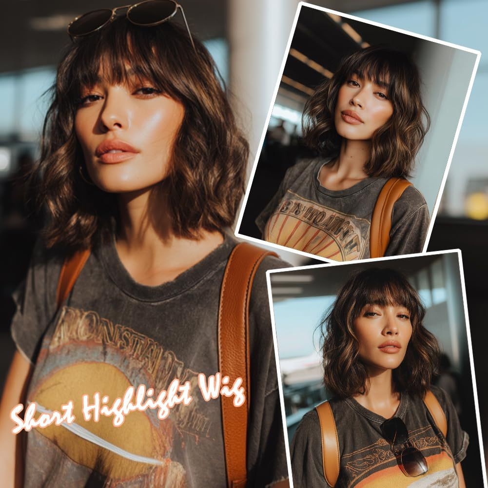 Mixed Color Water Wave Short Curly Wig with Bangs Heat Resistant Synthetic Full