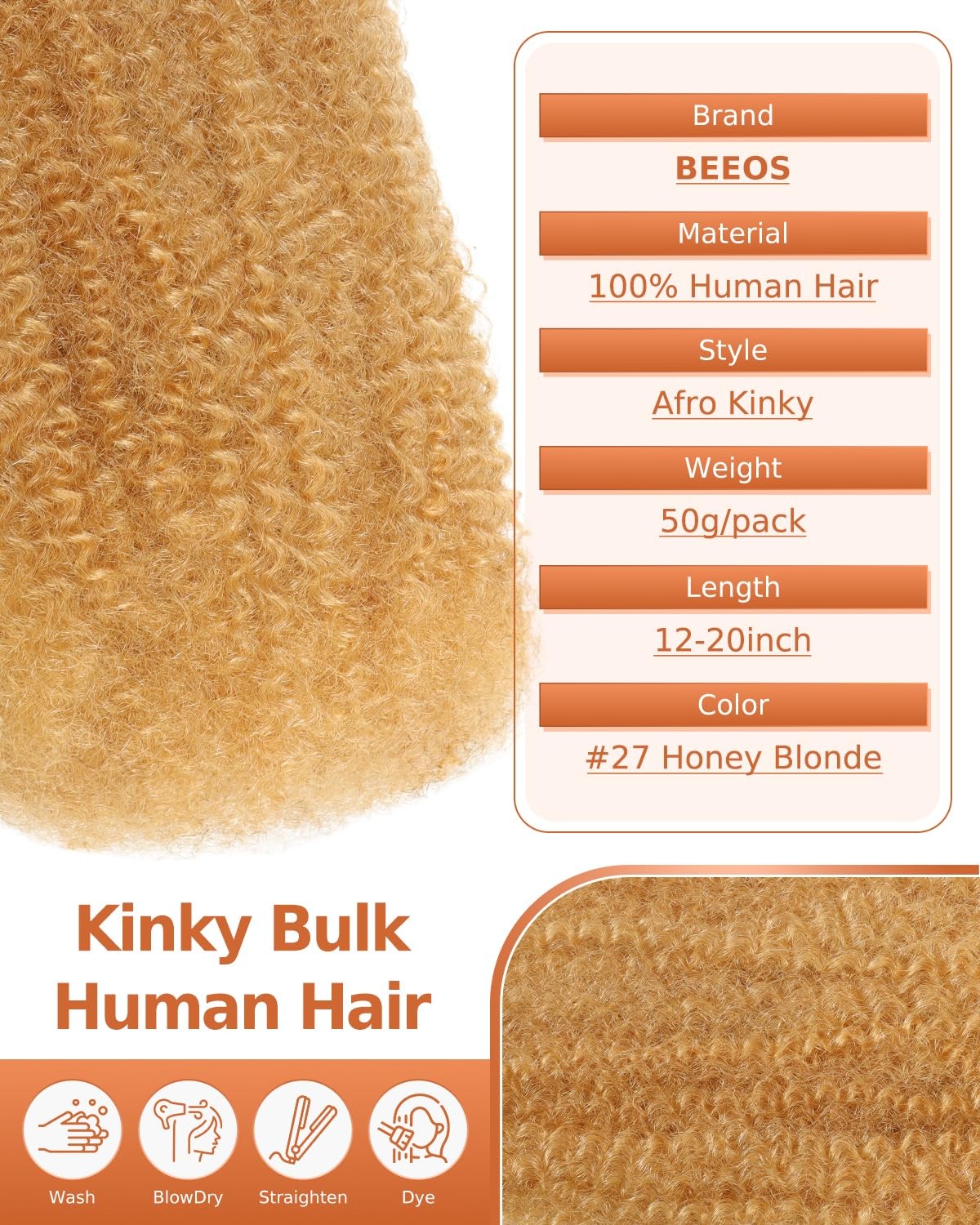 Beeos Afro Kinkys Bulk Human Hair 4C Curly For Braids 50Gram Kinky-Curly Human