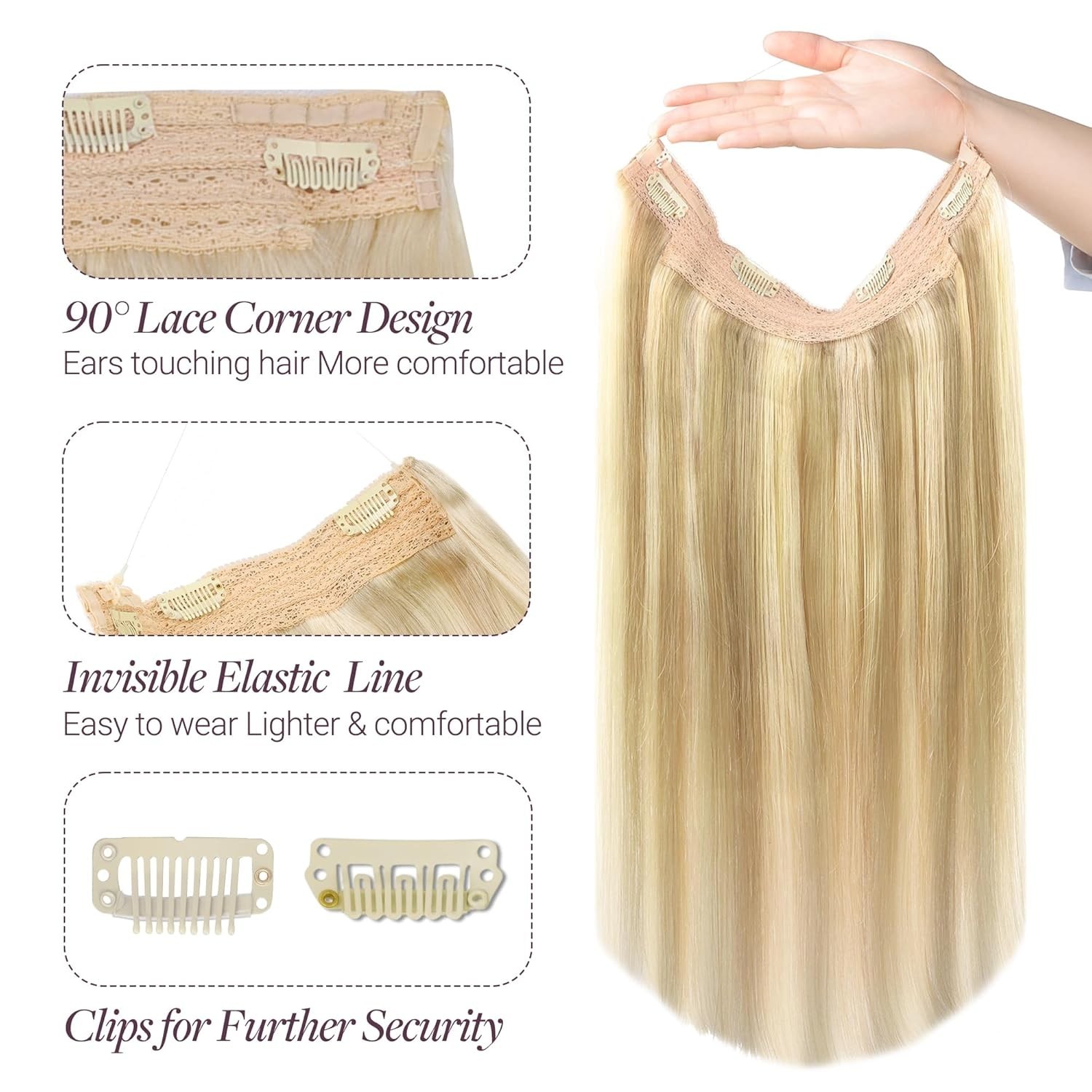 Wire Hair Extensions Human Hair, 16/22 Light Blondewith mix Golden Blonde Hig…