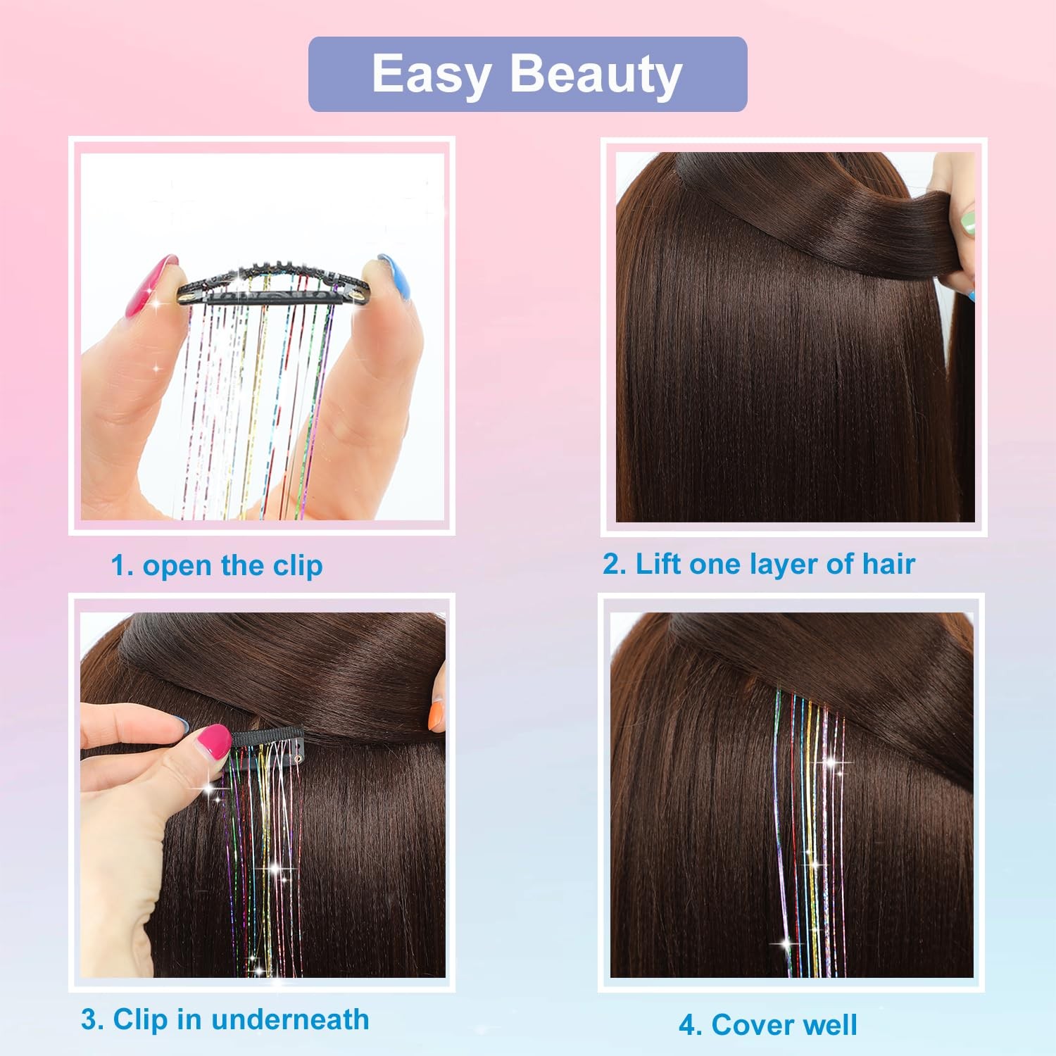 18pcs Hair Tinsel Clip in Kit Glitter 18pcs, Colorful