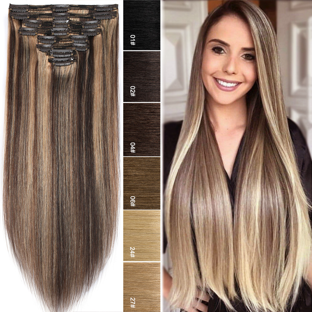 Seamless Clip In Thick Remy Human Hair Extensions Double Weft Full Head BALAYAGE