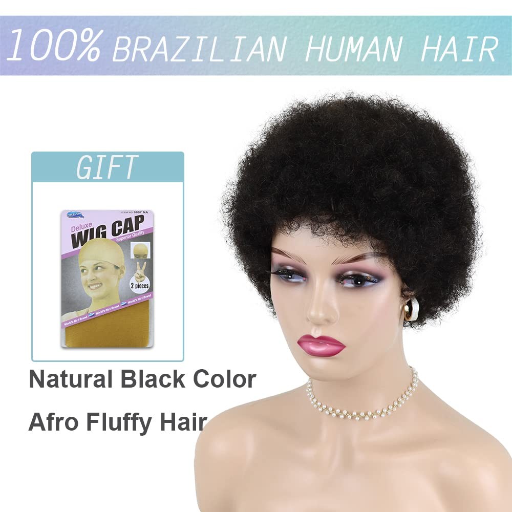 Afro Kinky Curly Human Hair Short Wigs for Women, Full Fluffy Machine Made Wig