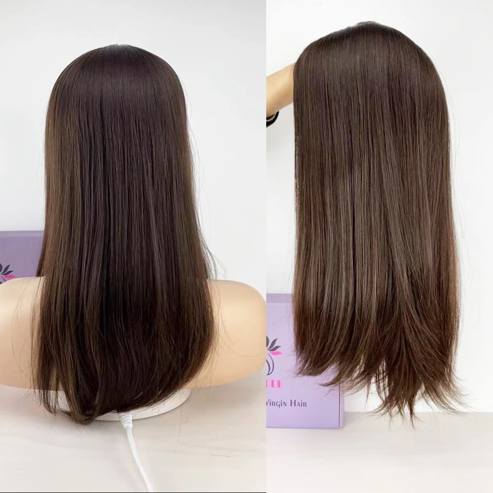 Brown Virgin Human Hair Jewish Topper Silk Base Kosher Sheitel HairPiece Women