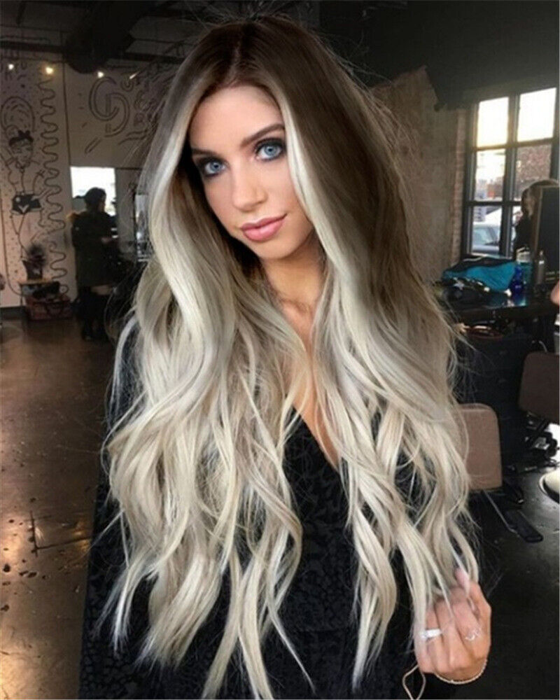 Private Women Ash Gray Silver Ombre Lace Long Wavy Curly Blonde Synthetic Wigs
