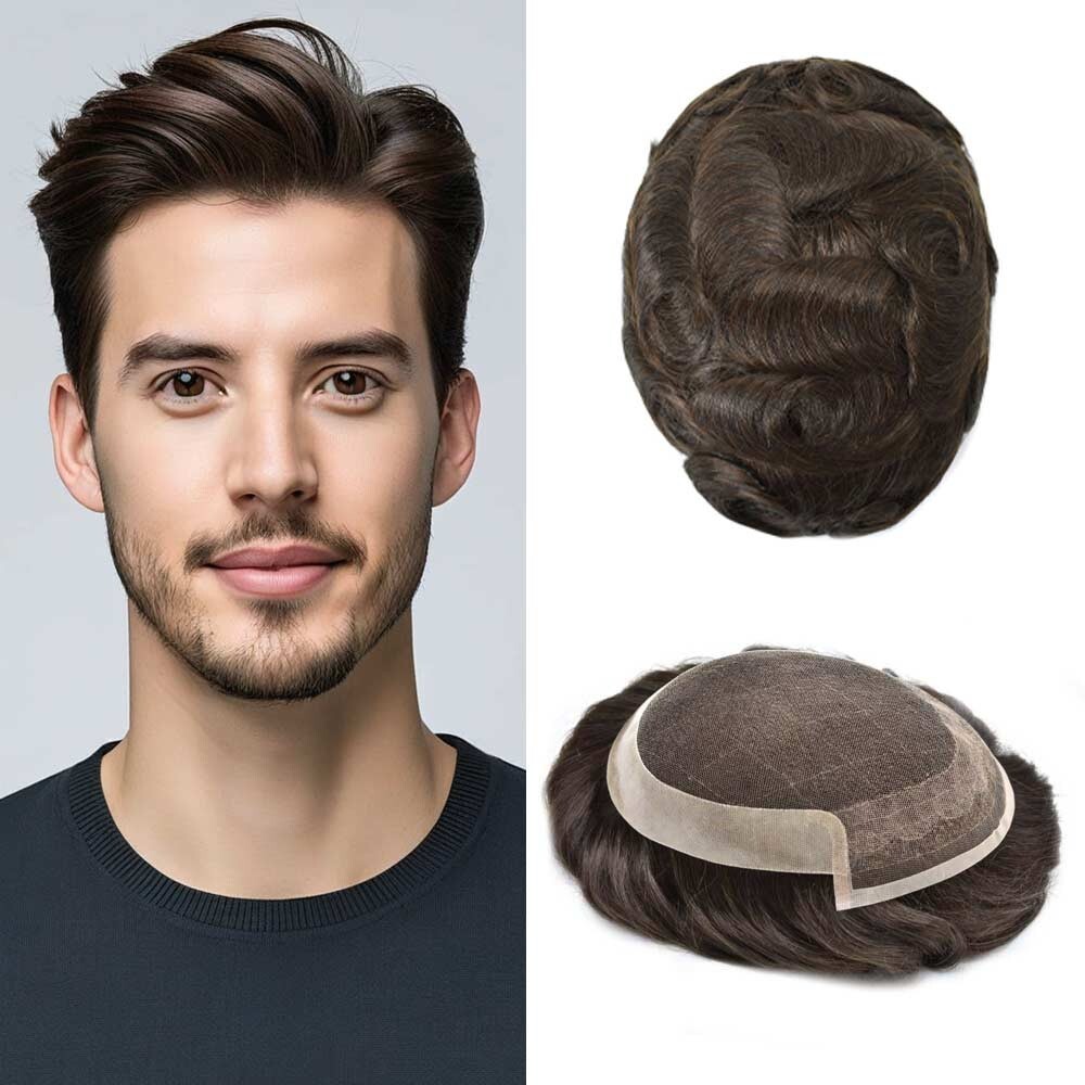 Mens Toupee Hairpiece French Lace Front Hair System Replacement Wig Unit for Men
