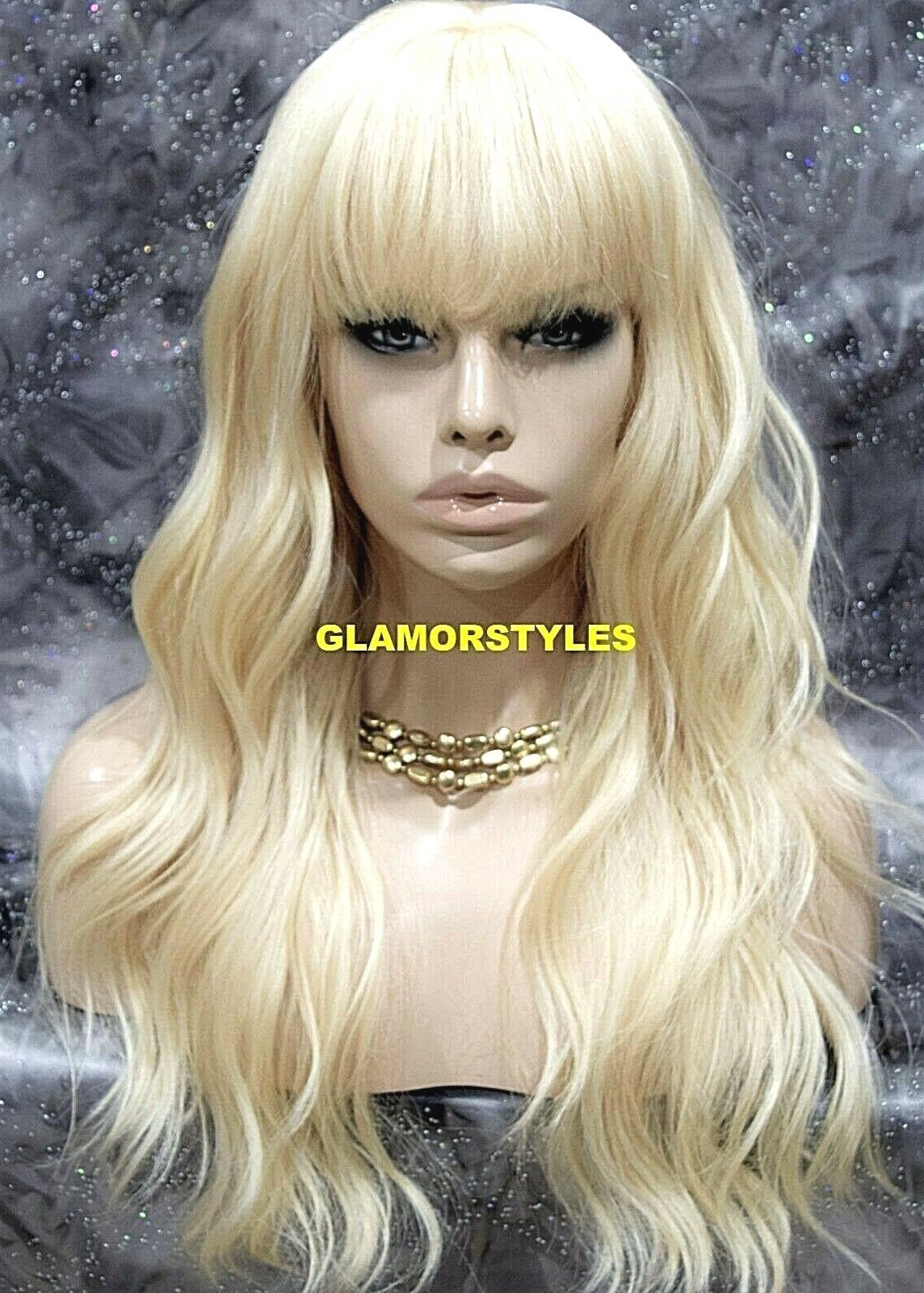 FULL WIG LONG LAYERED WAVY WITH BANGS BLEACH BLONDE #613 HEAT OK NWT