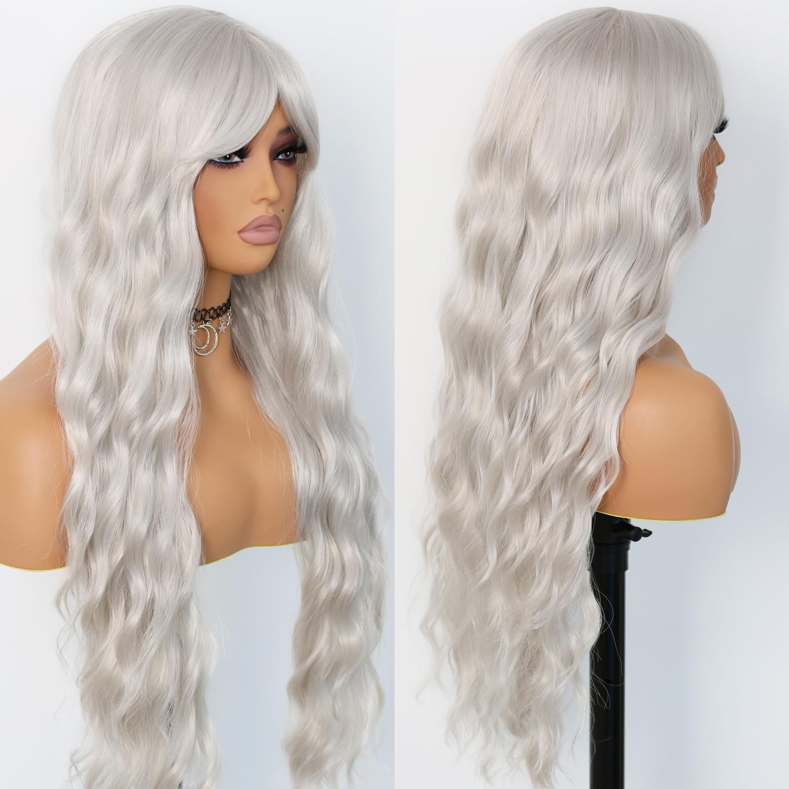 Silver Gray Wig with Bangs Grey Wigs for Women Long Curly Wig with Air Bangs …