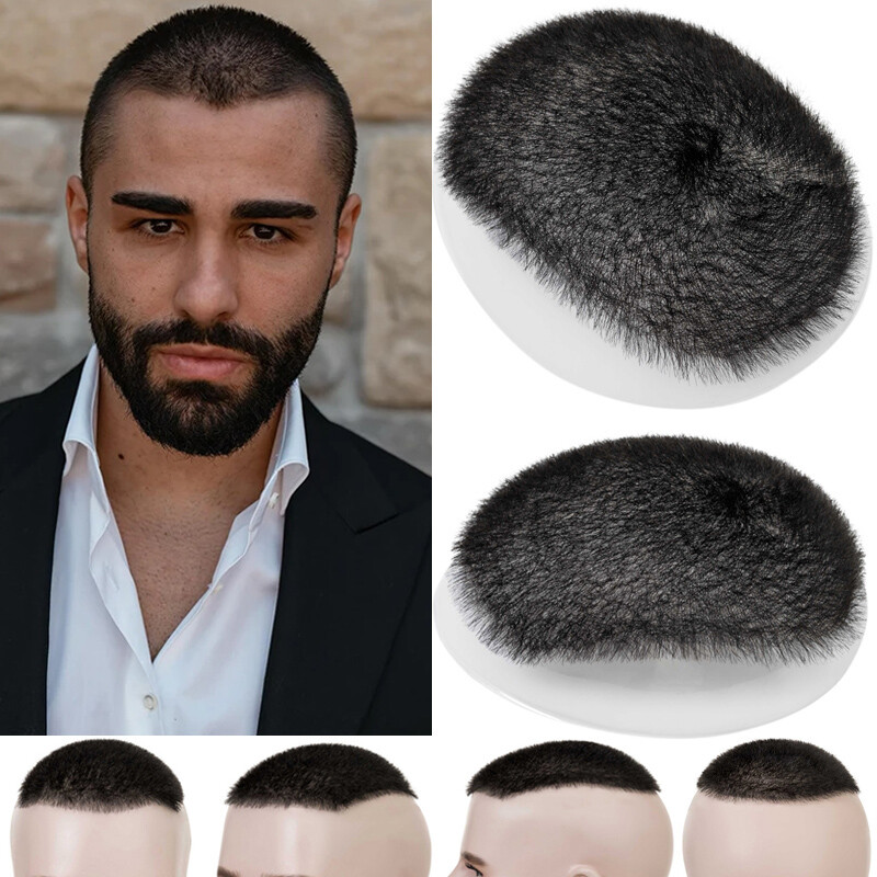 Mens Human Hair Toupee System Thin Skin PU Hairpiece Wig Short Buzz Cut Black US